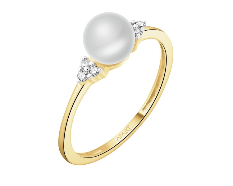 Pierścionek z żółtego złota z diamentami i perłą - próba 375