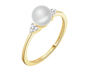 Pierścionek z żółtego złota z diamentami i perłą - próba 375