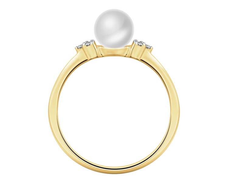 Pierścionek z żółtego złota z diamentami i perłą - próba 375