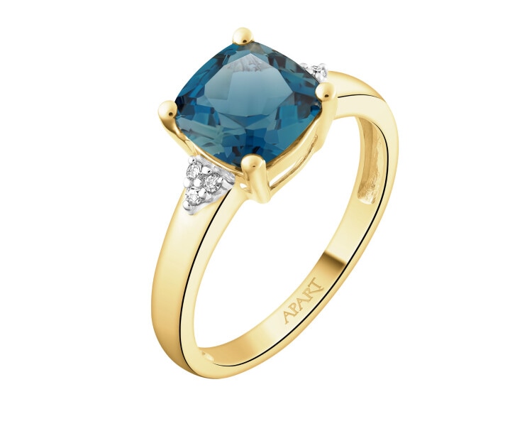 Pierścionek z żółtego złota z diamentami i topazem London Blue - próba 375