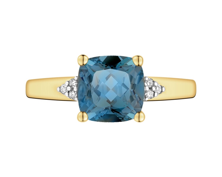 Pierścionek z żółtego złota z diamentami i topazem London Blue - próba 375