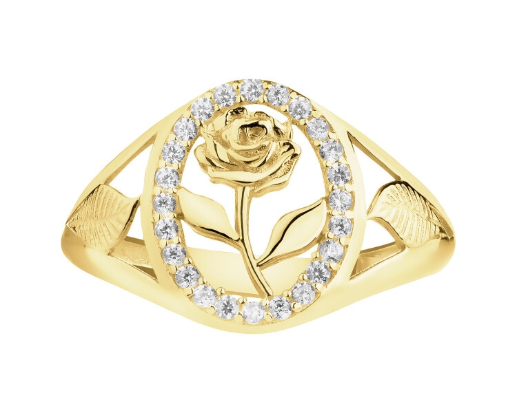 Złoty pierścionek z cyrkoniami - sygnet - róża