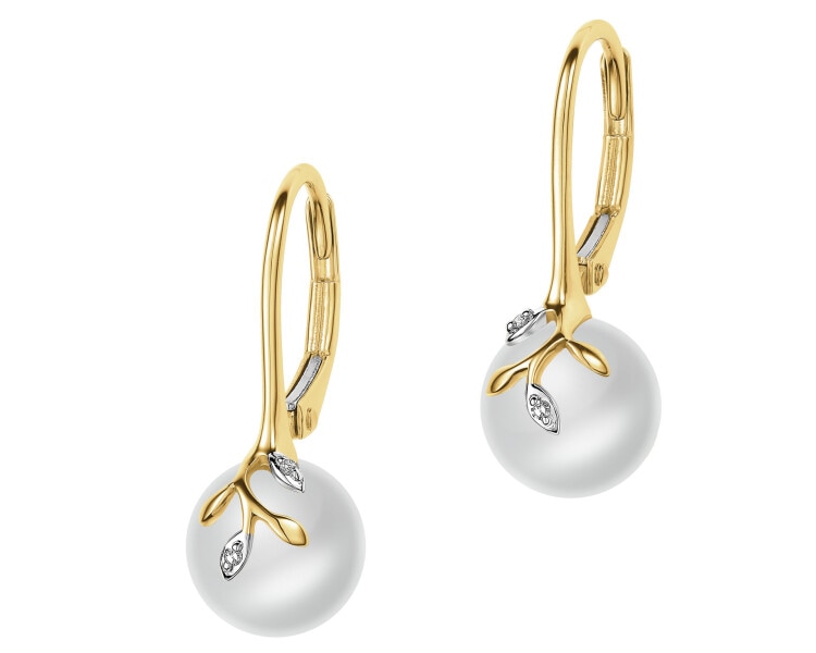 Kolczyki z żółtego złota z diamentami i perłami - liście - próba 585