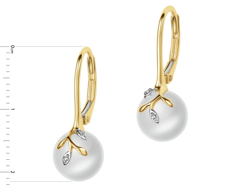 Kolczyki z żółtego złota z diamentami i perłami - liście - próba 585