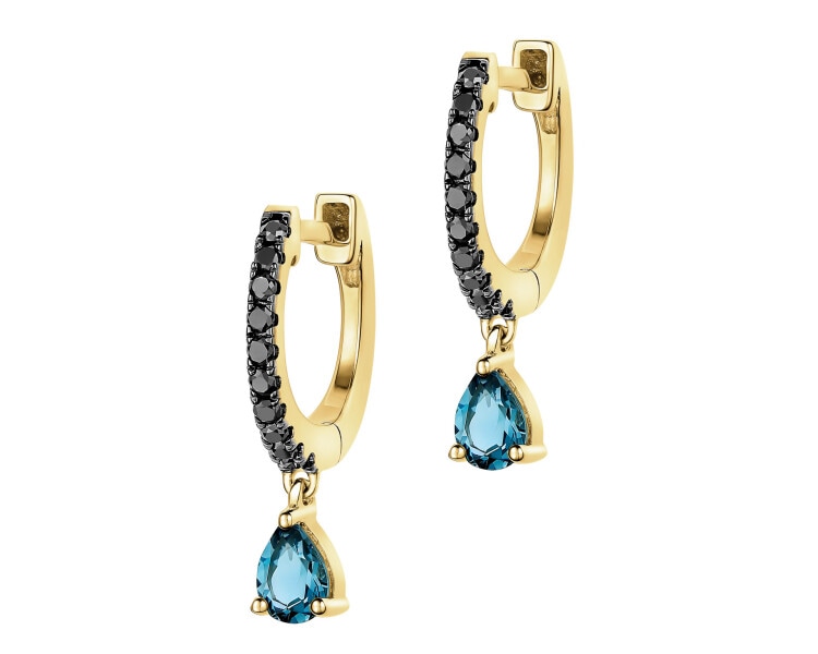 Kolczyki z żółtego złota z czarnymi brylantami i topazami London Blue - próba 585