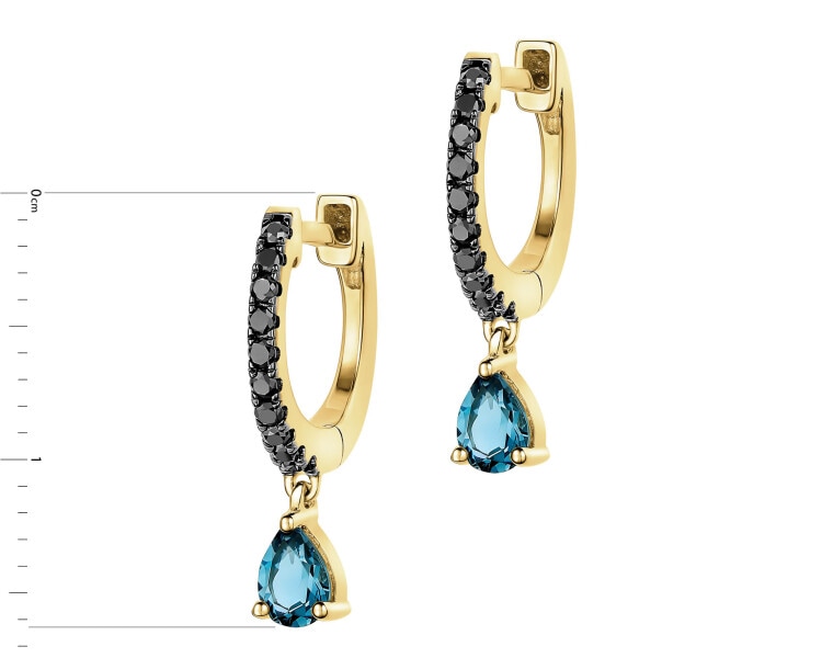 Kolczyki z żółtego złota z czarnymi brylantami i topazami London Blue - próba 585