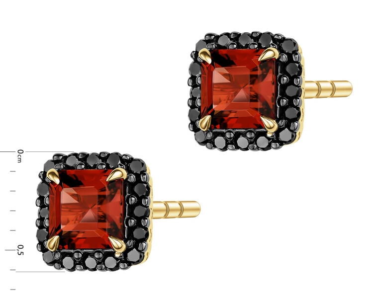 Zlaté náušnice s černými brilianty a granáty - ryzost 585