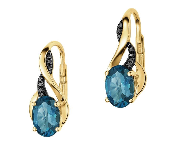 Kolczyki z żółtego złota z czarnymi diamentami i topazami London Blue - próba 585