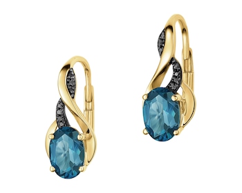 Zlaté náušnice s černými diamanty a topazy London Blue - ryzost 585