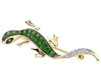 Zlatá brož s brilianty a granáty - ještěrka - ryzost 585