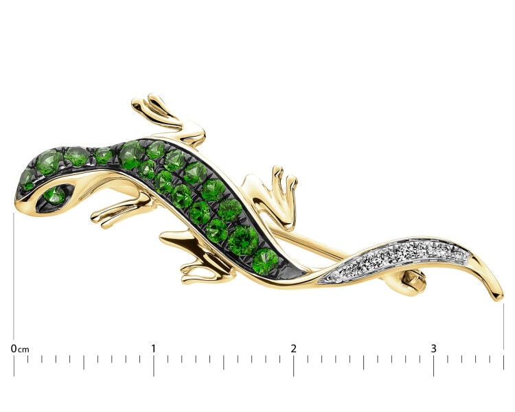 Broszka z żółtego złota z brylantami i granatami - jaszczurka - próba 585