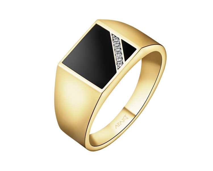 Pierścionek z żółtego złota z diamentami i onyksem - sygnet - próba 585