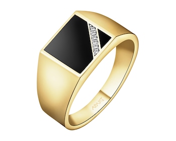 Zlatý prsten s diamanty a onyxem - pečetní prsten - ryzost 585