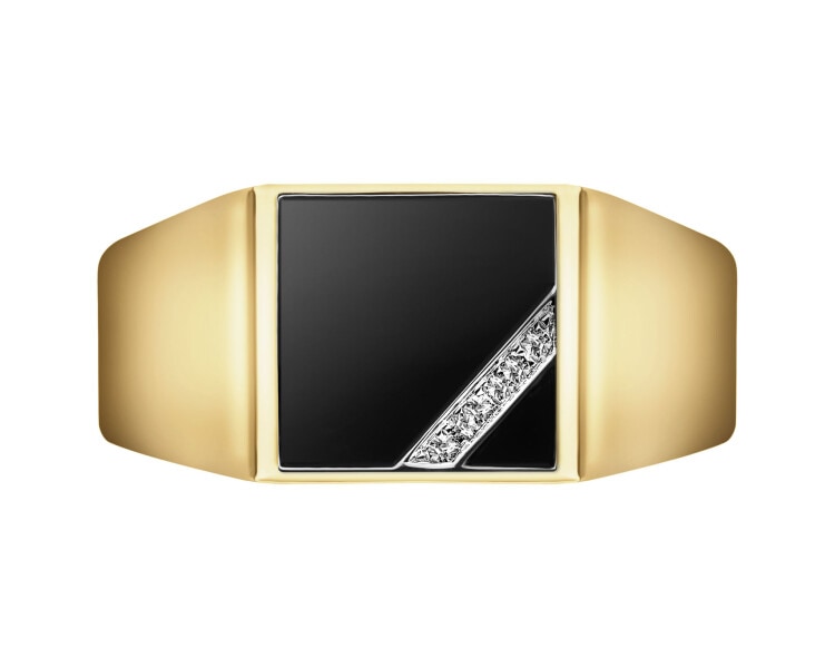 Pierścionek z żółtego złota z diamentami i onyksem - sygnet - próba 585