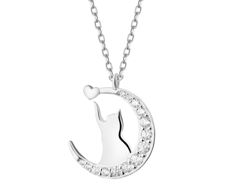 Naszyjnik srebrny z cyrkoniami - kot, Księżyc, serce