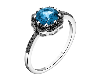 Pierścionek z białego złota z czarnymi brylantami i topazem London Blue - próba 585