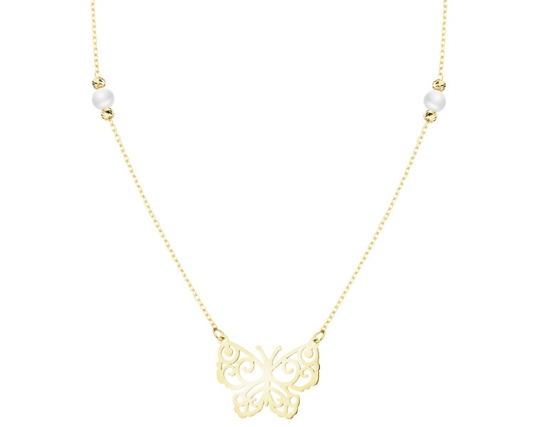Złoty naszyjnik z perłami i cyrkonią - motyl