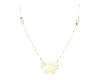 Zlatý náhrdelník s perlami a zirkonem - motýl