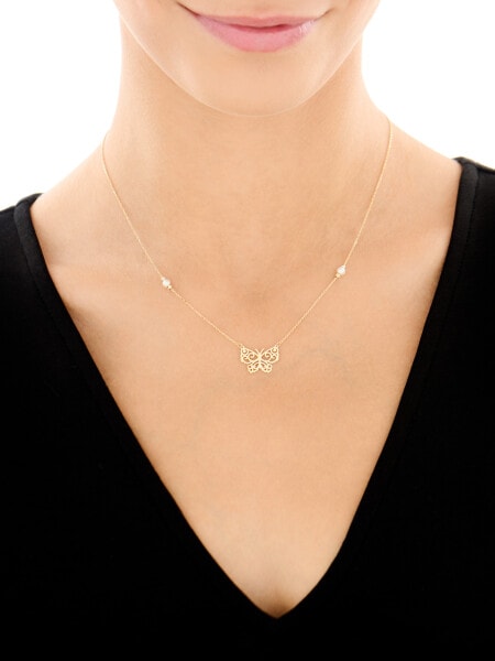 Złoty naszyjnik z perłami i cyrkonią - motyl