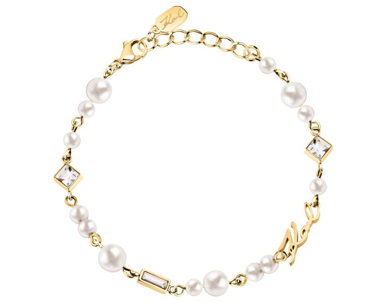 Bransoletka ze stali szlachetnej z perłami i cyrkoniami - logo Karl Lagerfeld