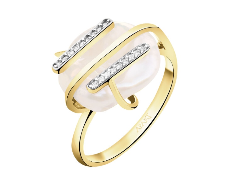 Złoty pierścionek z perłą i cyrkoniami