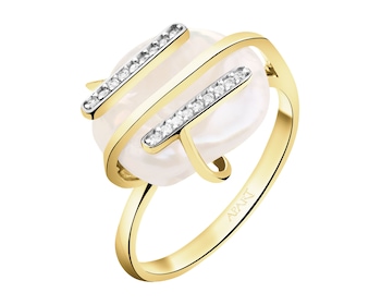 Złoty pierścionek z perłą i cyrkoniami