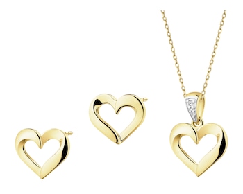 Zawieszka i kolczyki z żółtego złota z diamentami - komplet - serca - 0,01 ct - próba 585