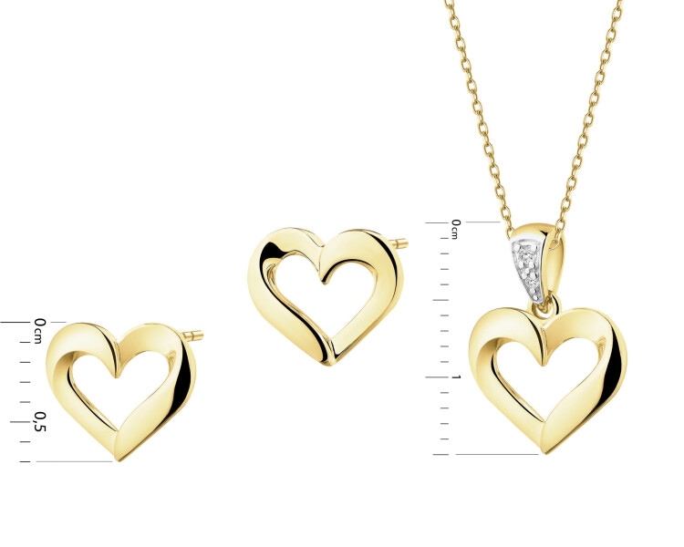 Zawieszka i kolczyki z żółtego złota z diamentami - komplet - serca - 0,01 ct - próba 585