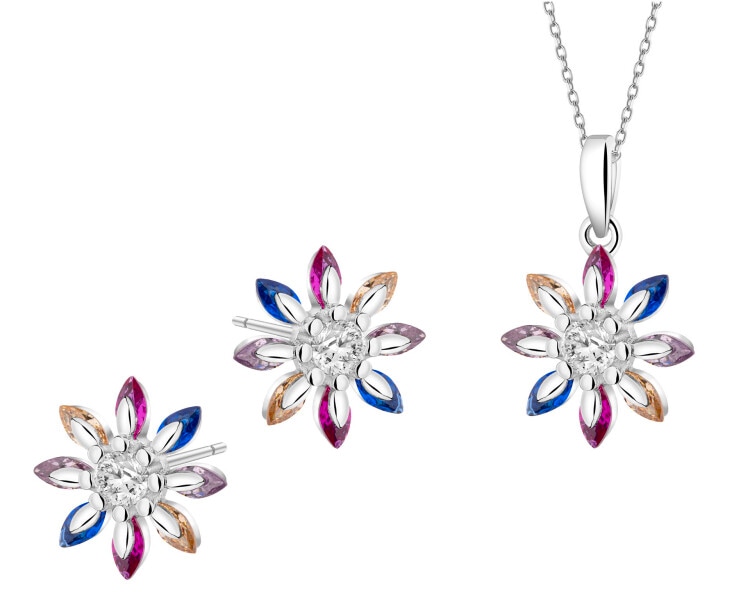 Stříbrné náušnice a přívěsek se zirkony - souprava - květy