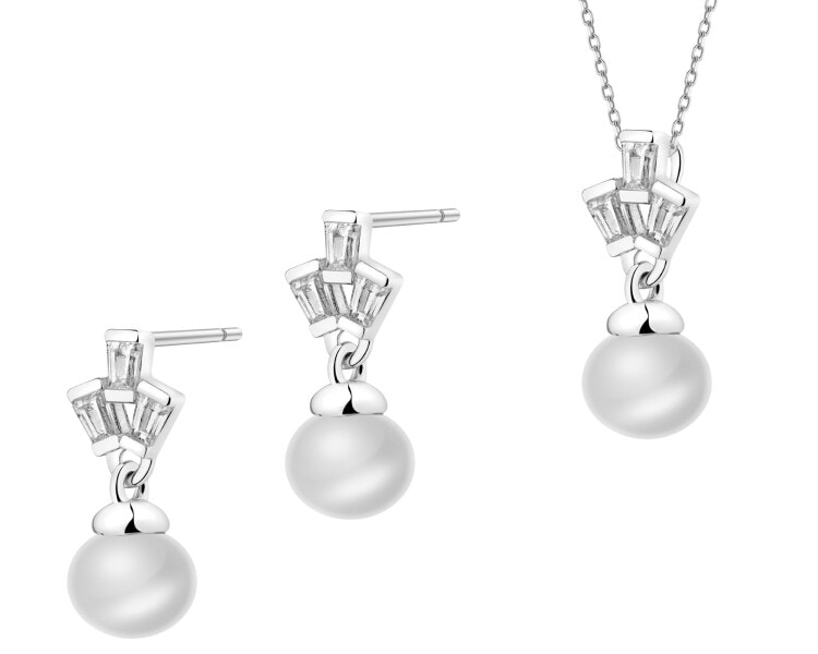 Stříbrné náušnice a přívěsek s perlami a zirkony - souprava