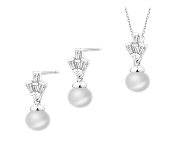 Srebrne kolczyki i zawieszka z perłami i cyrkoniami - komplet