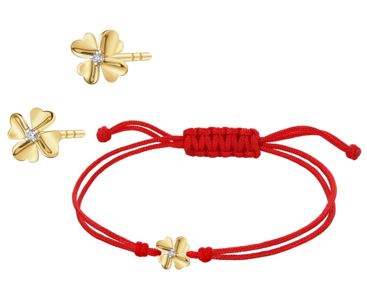 Bransoletka i kolczyki z żółtego złota z brylantami - kwiaty, koniczyny - 0,02 ct - próba 375