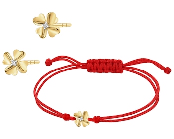 Bransoletka i kolczyki z żółtego złota z brylantami - kwiaty, koniczyny - 0,02 ct - próba 375