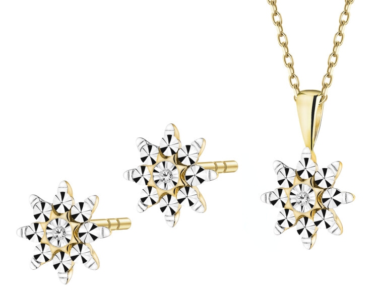Zawieszka i kolczyki z  żółtego złota z diamentami - komplet - kwiaty - 0,01 ct - próba 375
