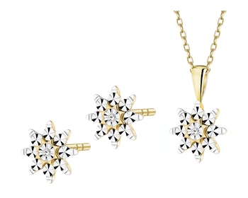 Zawieszka i kolczyki z  żółtego złota z diamentami - komplet - kwiaty - 0,01 ct - próba 375
