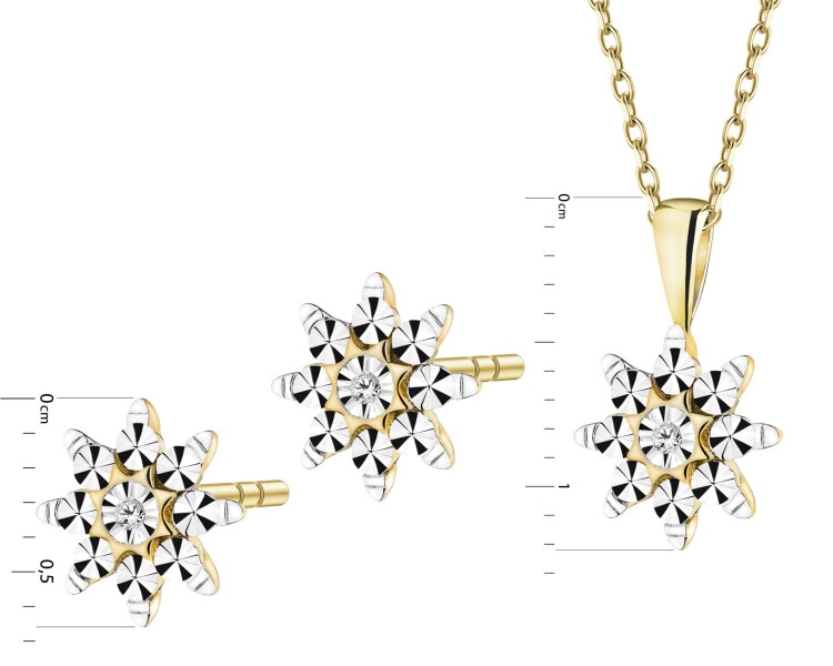 Zawieszka i kolczyki z  żółtego złota z diamentami - komplet - kwiaty - 0,01 ct - próba 375