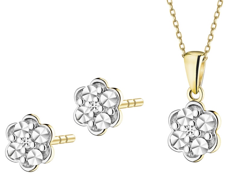 Zawieszka i kolczyki z  żółtego złota z diamentami - komplet - 0,006 ct - próba 375