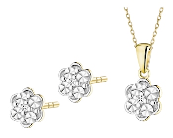 Zawieszka i kolczyki z  żółtego złota z diamentami - komplet - 0,006 ct - próba 375