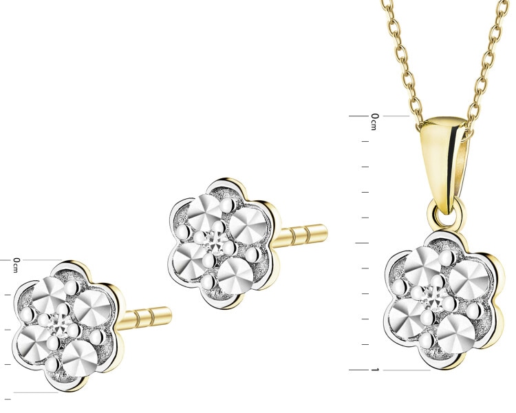 Zawieszka i kolczyki z  żółtego złota z diamentami - komplet - 0,006 ct - próba 375