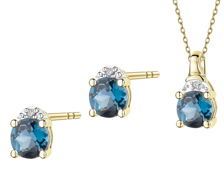 Zawieszka i kolczyki z żółtego złota z diamentami i topazami London Blue - komplet - próba 375