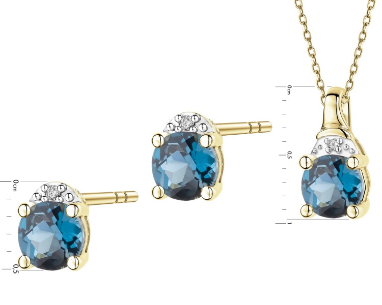 Zawieszka i kolczyki z żółtego złota z diamentami i topazami London Blue - komplet - próba 375