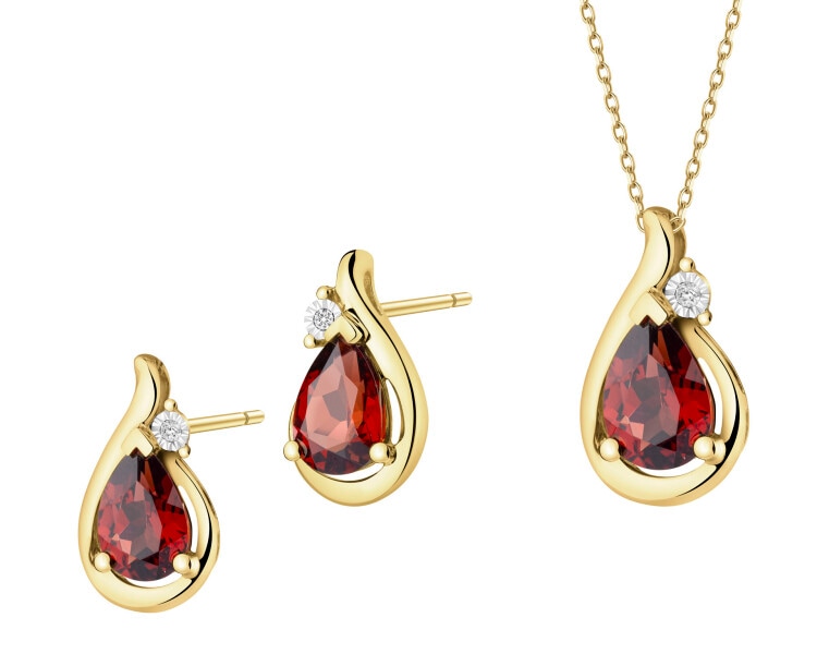 Zawieszka i kolczyki z żółtego złota z diamentami i granatami - komplet - próba 375