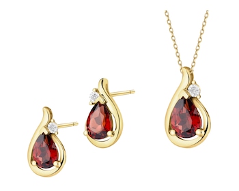 Zawieszka i kolczyki z żółtego złota z diamentami i granatami - komplet - próba 375