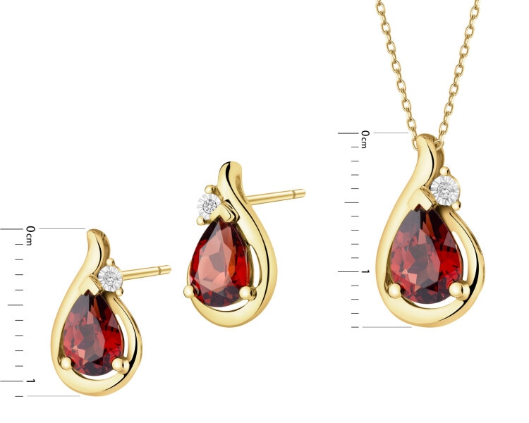 Zawieszka i kolczyki z żółtego złota z diamentami i granatami - komplet - próba 375