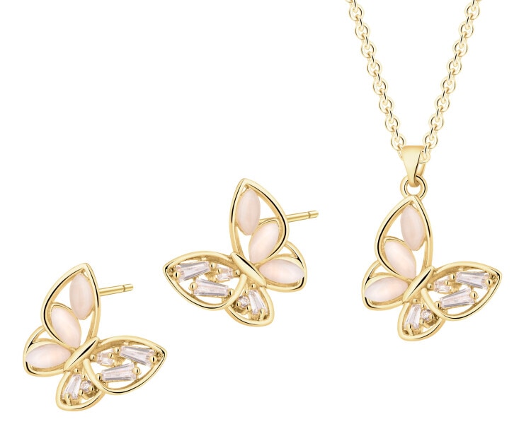 Kolczyki i naszyjnik z mosiądzu pozłacane z cyrkoniami i kocim okiem - motyle