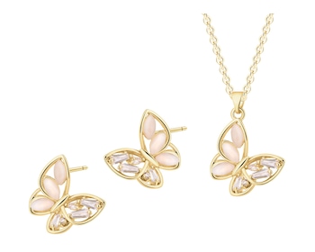 Pozlacené náušnice a náhrdelník z mosazi se zirkony a kočičím okem - motýli