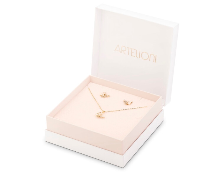 Kolczyki i naszyjnik z mosiądzu pozłacane z cyrkoniami i kocim okiem - motyle