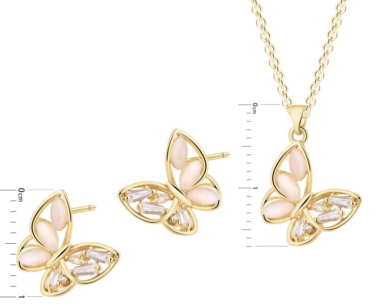 Kolczyki i naszyjnik z mosiądzu pozłacane z cyrkoniami i kocim okiem - motyle