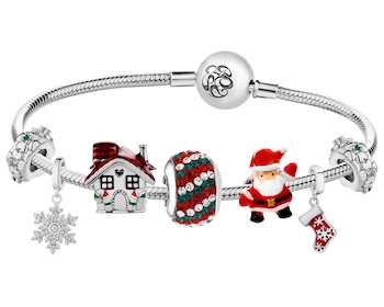 Stříbrný náramek Beads sada – sněhová vločka, svatý Mikuláš, ponožka, domeček, Vánoce