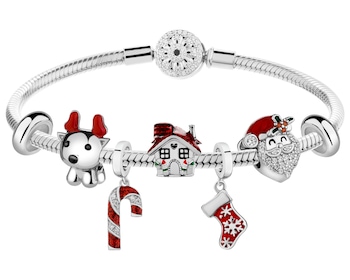 Stříbrný náramek Beads – sada – sob, domeček, svatý Mikuláš, ponožka, Vánoce